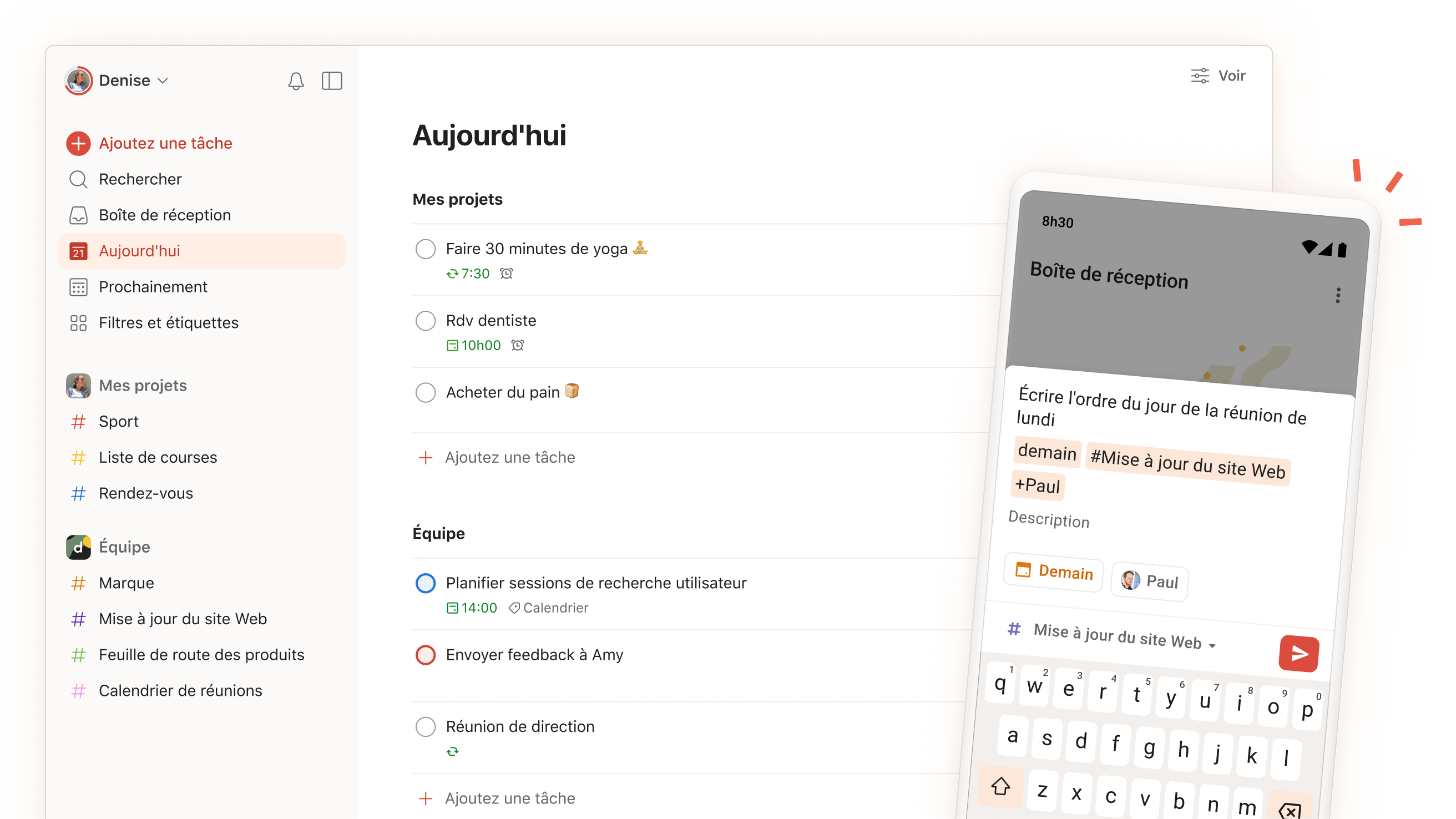Interface de l'application Todoist montrant des tâches quotidiennes, des projets et des sections avec une vue mobile de l'écran de saisie des tâches.
