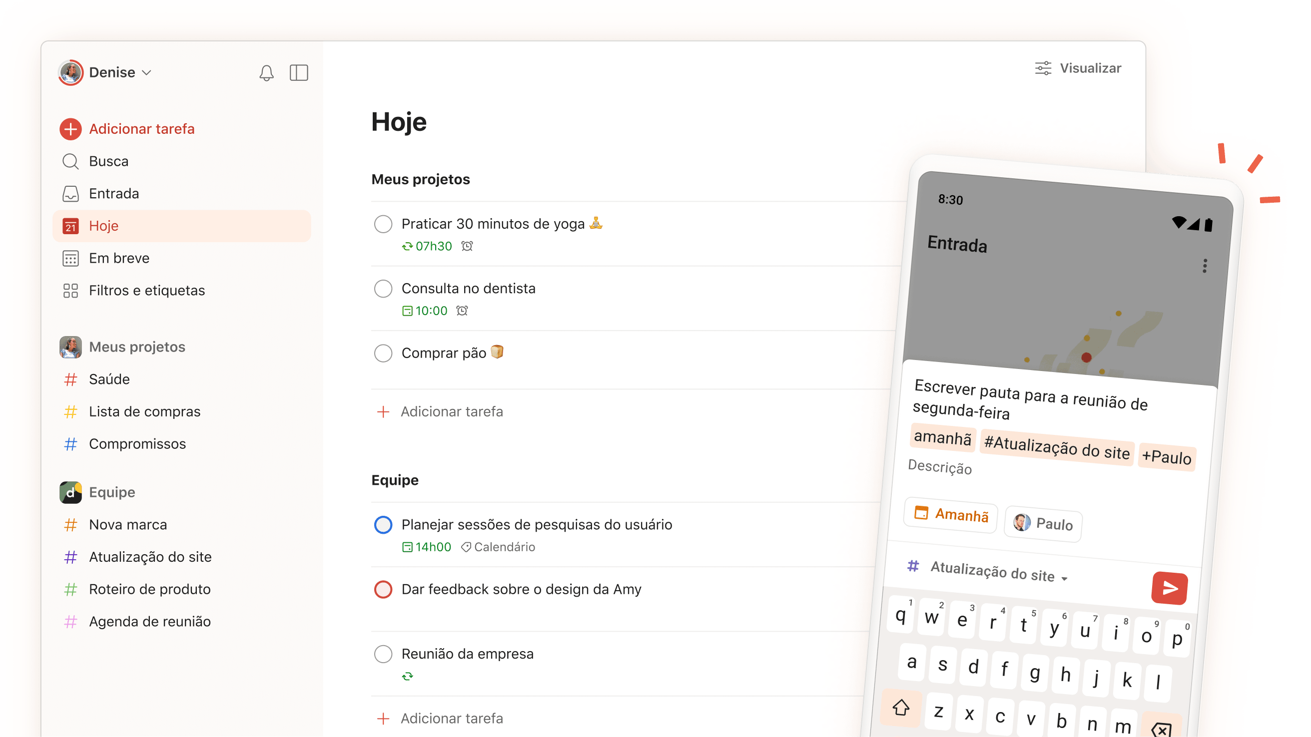 Interface do aplicativo do Todoist mostrando tarefas diárias, projetos e seções de equipe com uma visualização móvel de uma tarefa na tela.