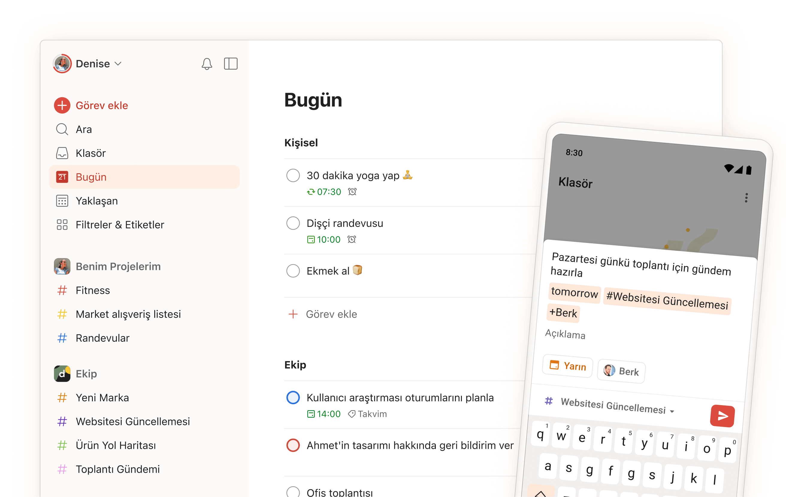 Görev giriş ekranının mobil görünümü ile günlük görevleri, projeleri ve ekip bölümlerini gösteren Todoist uygulama arayüzü.